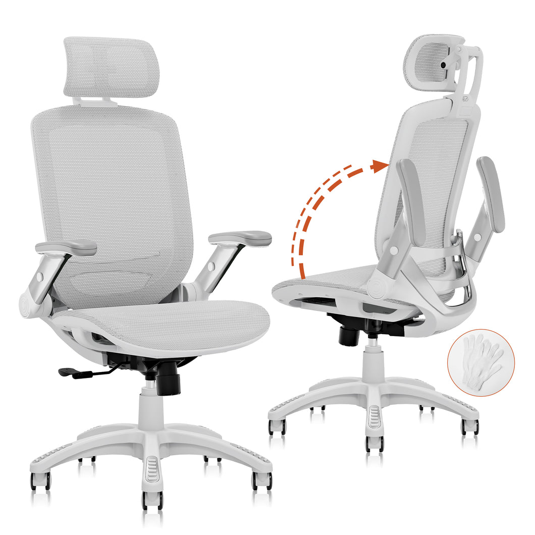 GABRYLLY Office Chair with Flip-up Arms, Grey Mesh Chair  with White Backrest Frame(GY01WG)