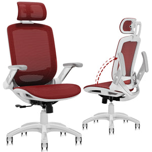 GABRYLLY Office Chair with Flip-up Arms, Red Mesh Chair with White Backrest Frame(GY01WR)