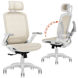 GABRYLLY Office Chair with Flip-up Arms, Beige Mesh Chair with White Backrest Frame(GY01WBG)