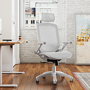 GABRYLLY Office Chair with Flip-up Arms, Grey Mesh Chair  with White Backrest Frame(GY01WG)