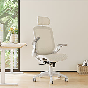 GABRYLLY Office Chair with Flip-up Arms, Beige Mesh Chair with White Backrest Frame(GY01WBG)