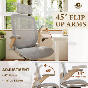 GABRYLLY Ergonomic Office Chair, High Back Home Desk Chair with Flip-Up Arms, Woodgrain Decorative(GY01-NT)